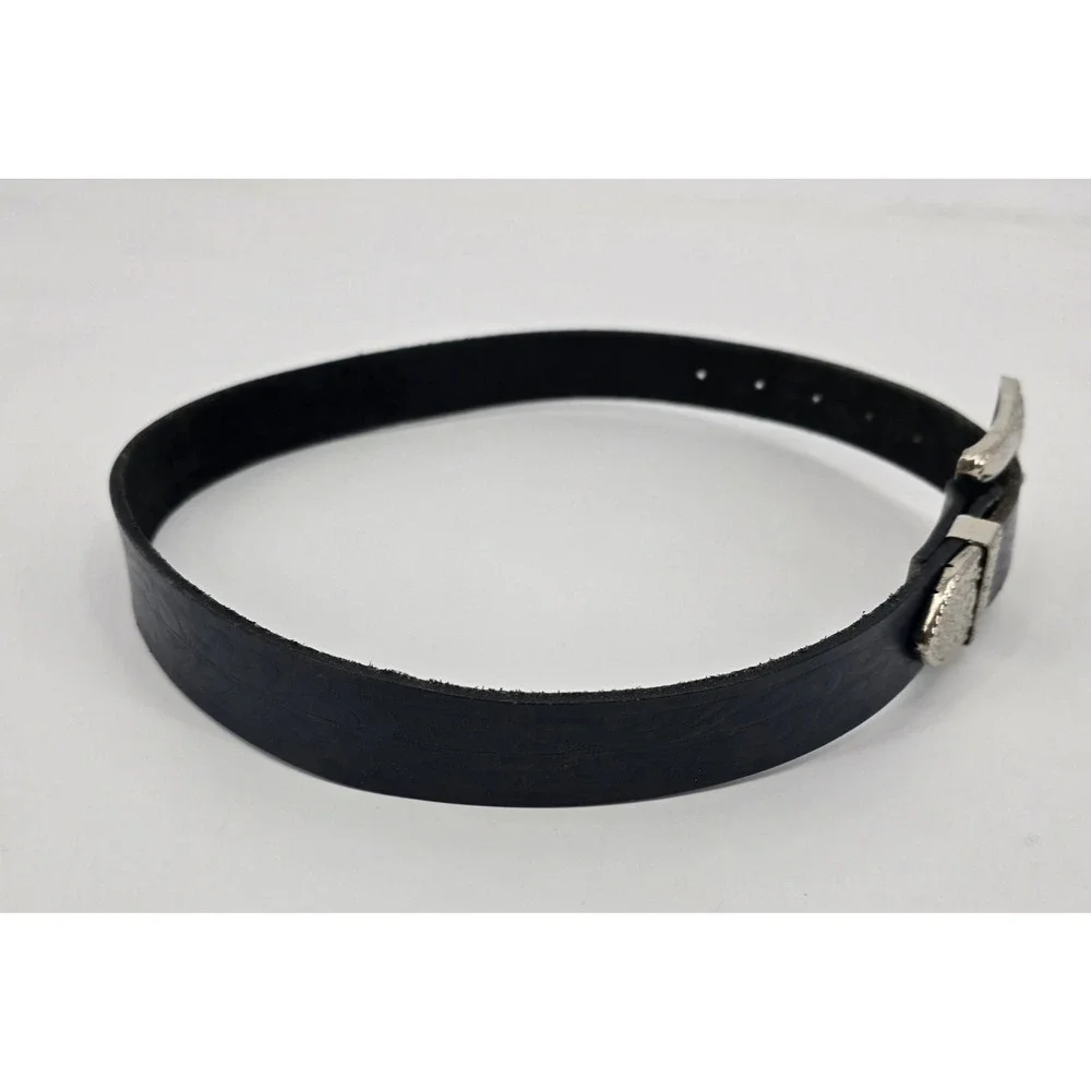 Vintage Navy Leather Western Belt Silver Long Horn Engraved Buckle Cowgirl Y2K